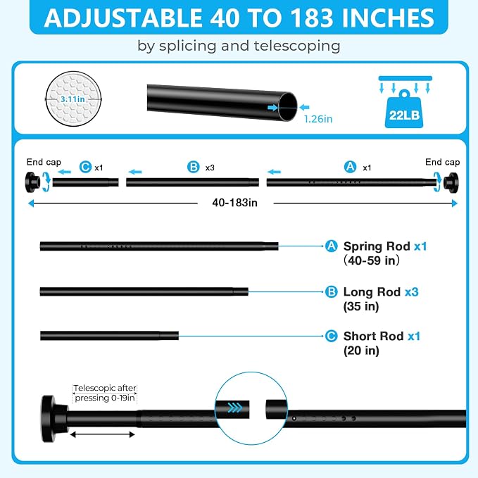 MEXAU Black Shower Curtain Rod 40-183 Inch Adjustable 1.26 Inch Diameter Tension Curtain Rod No Drill, Tension Rod for Window, Bedroom, Bathroom, Outdoor, Room Divider