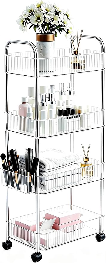 4-Tier Clear Utility Rolling Cart with Wheels for Kitchen & Bathroom | Lightweight-usage, Easy assembly, Multifunctional storage organizer, Clear, 7.9”W * 13”L * 35.8”H