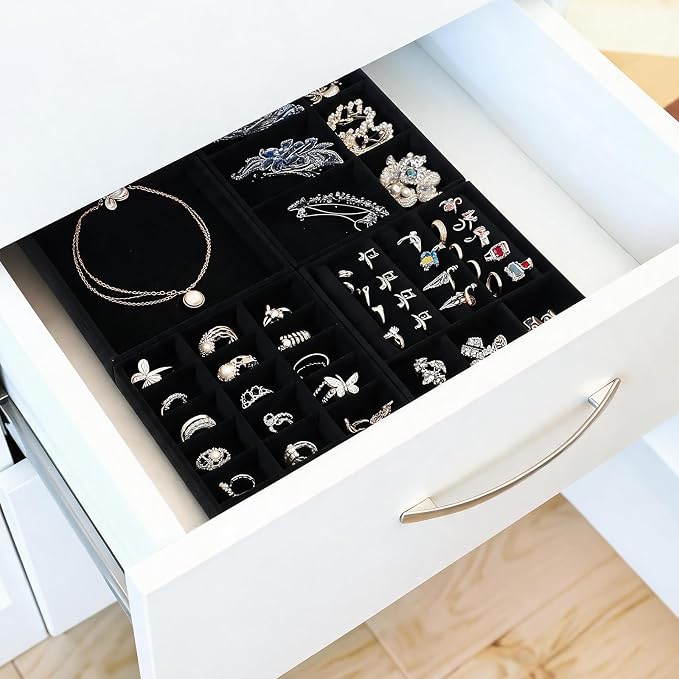 8 Pack 4 Styles Velvet Jewelry Tray, 8" x 5" Jewelry Organizer Tray Stackable Jewelry Storage Tray, Drawer Jewelry Tray for Rings, Earrings, Necklace, Bracelet, Black