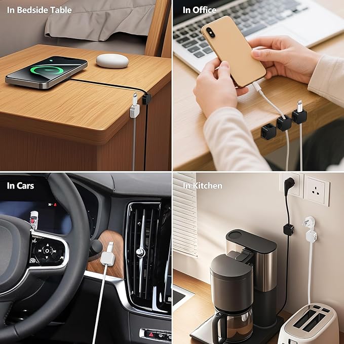 10 Pack Cord Organizer Magnetic Clips for Nightstand Under Desk Strong Adhesive Cable Management Wire Office Supplies Workspace Accessories Phone -Black