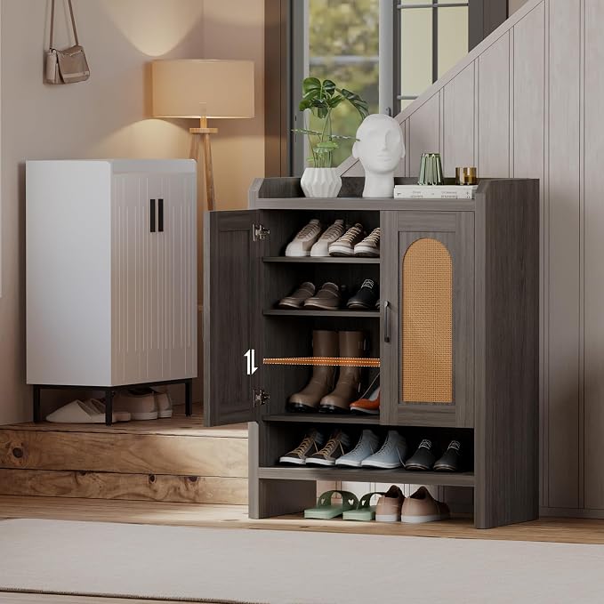 Mericonia 6-Tier Shoe Cabinet Storage for Entryway, Rattan Shoes Organizer Cabinets with Doors, Wooden Shoe Rack, Farmhouse Boho Wood Storage Cabinet (Black, 6-Tier)