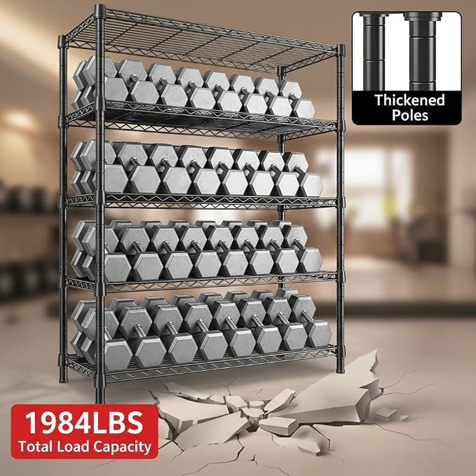 REIBII 1984LBS Heavy Duty Wire Shelving Unit with Wheels, 75.2" H Storage Shelves, 5 Tier Adjustable Metal Shelving for Pantry Kitchen Garage,No-Tools Installation, 75.2" H x 35.5" W x 16" D, Black