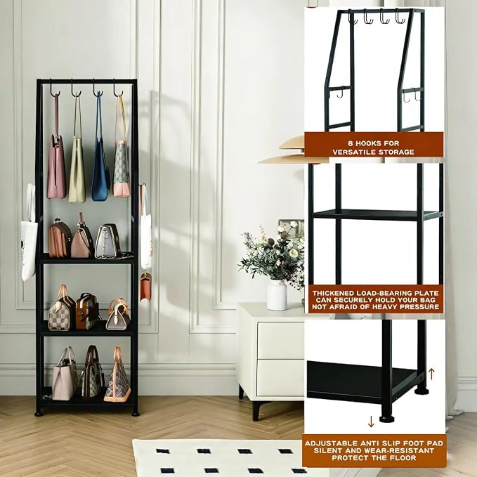 Hall Tree with Hanging Hooks,Heavy-Duty Metal Coat Rack with Shoe Shelves,3-Tier Purse Stand Handbag Organizer，Suitable for Hallway,Bedroom and Bathroom (Black)