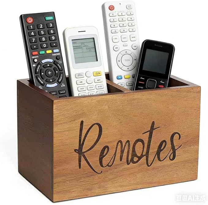 LBEMEY Acacia Wood TV Remote Holder, Caddy and Organizer for Table, Vintage Farmhouse Desk Caddy (Brown, 4+ Remotes)