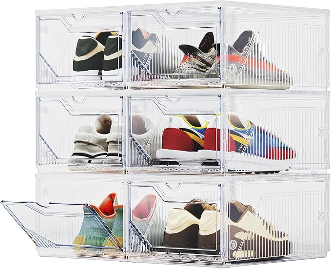 XX-Large Shoe Sneaker Storage Boxes for Size 14, Stackable & Thicken Clear Plastic Shoe Organizers 6 Packs for Entryway Closet Under Bed, Shoe Storage Cabinets Container Display Case w/ Magnetic Door