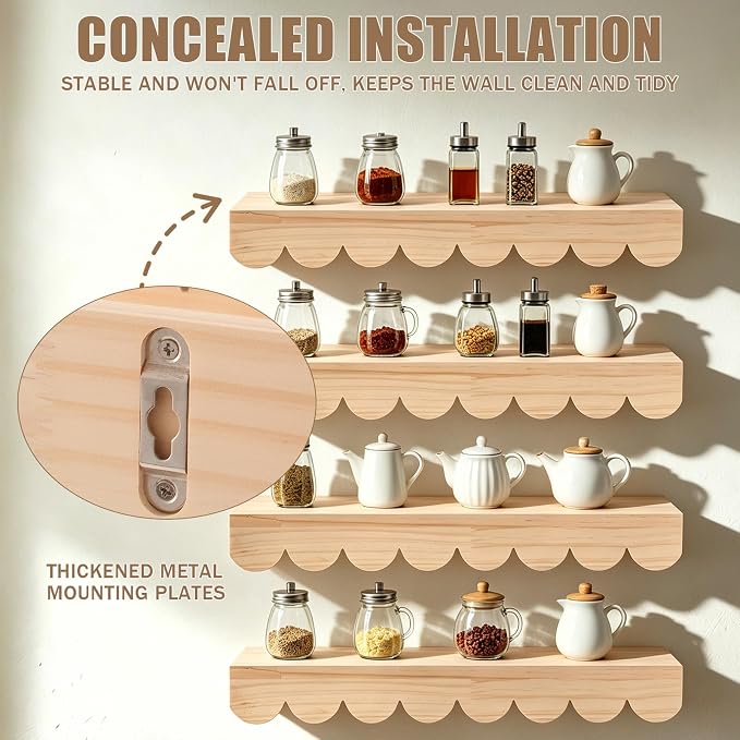 4 Tiers Spice Rack Wall Mounted, Scalloped Kitchen Storage Village Style Display Shelf, Vintage Spice Jar for Living Room, Bedroom, Shelf Only, 15.75 x 4.72 x 1.9 Inches