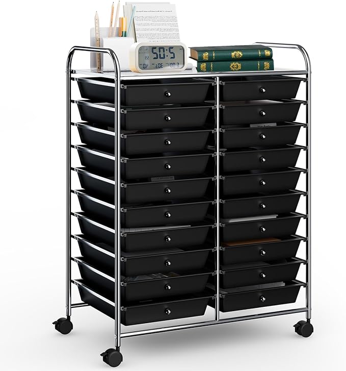 DREAMADE Rolling Cart With Storage Drawers, Utility Cart With Removable Plastic Drawers, Lockable Wheels for Classroom Organization, Art Supplies, Office, Scrapbook (20 Drawers, Black)