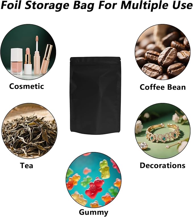 100PCS Smell Proof Resealable Pouch Bags,ULIFESTAR Aluminum Foil Flat Food Storage Bag,Sealable Pcsaging Zipper Pouches with Tear Notches for Pcsaging Lipgloss,Jewelry,etc(16*24cm/6.3*9.45",Black)