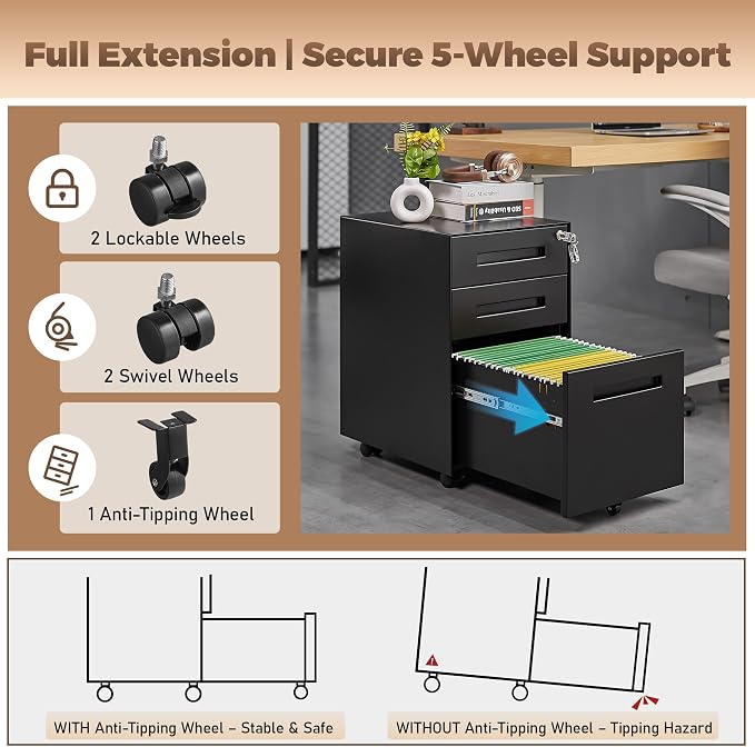 Approgreent Fully Assembled Home Office Filing Cabinet with Lock | Mobile File Cabinet with Anti-tipping Wheels, Fits A4, Letter & Legal Size Files & Folders, Matte Black