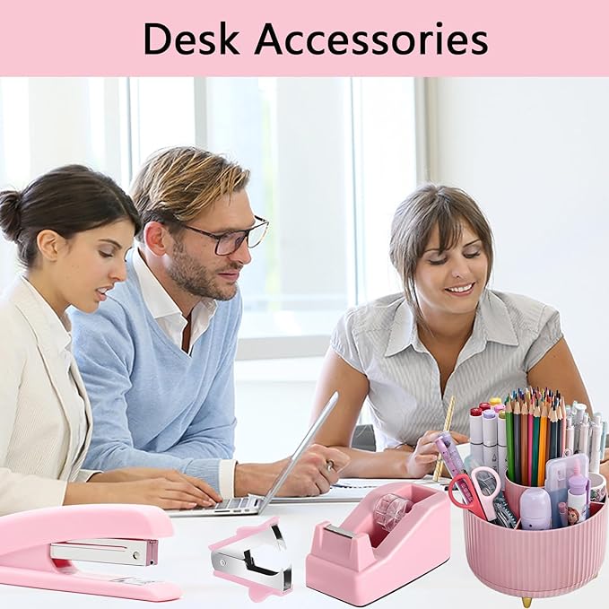 Office Supplies,Desk Accessories,with Stapler, Tape Dispenser,Desk Organizer,Folding Phone Holder,Pen,Journal Notebook,Scissor,Staple Remover,Staples,Clear Tape,Sticky Notes,Paper Clips,Bookmark,Ect