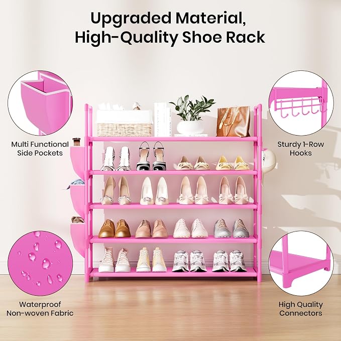 VILICK Shoe Rack for Closet Shoe Organizer Space Saver Storage for 20-25 Pair Shoe Shelf with Hook and Side Pocket Free Standing 5 Tier Shoe Rack Organizer for Entryway,Small Spaces, Pink