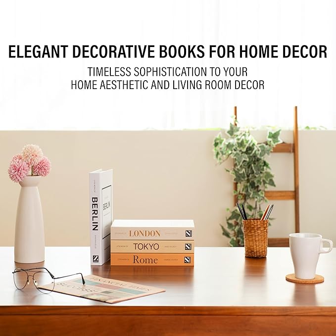 PROBENEX Warm Mocha Faux Decorative Books Set of 4 – Modern Farmhouse Brown Coffee Table Book Stack | Rustic Neutral Shelf Decor for Cozy Living Room, Bedroom & Country Modern Home Styling