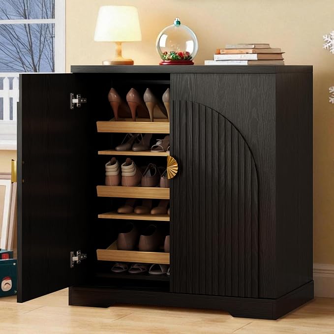 Vlsrka Rotating Shoe Storage Cabinet with Doors and 6 Tier Shelves, Black | Suitable for 18 Pairs Shoe Organizer, Freestanding, Pull Out Shoe Rack, Wooden Entryway Cabinet for Hallway, Closet, Indoor