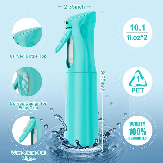 IMPORX Continuous Spray Bottle for Hair 2 Pack (10.1oz/300ml) Cyan | Empty Plastic Ultra Fine Mist Misting Water Mister Spray Bottles for Cleaning Hairstyling Barber Curly Hair Garden Plants