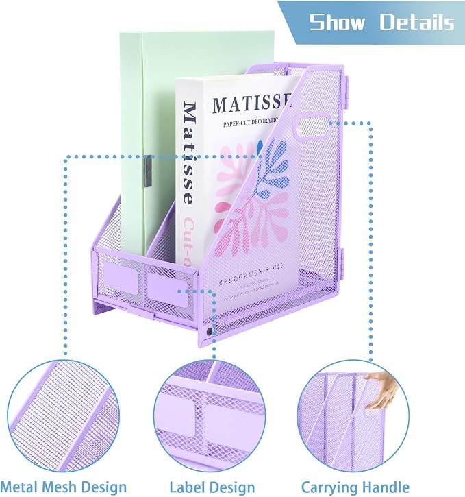 Desk Organizers Metal Magazine File Holder Racks Desktop Folder Storage Binder Organiser Document Organization for Home Office & Classroom,2 Vertical Compartments-Purple