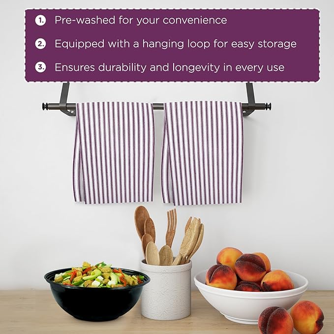 Stripe Kitchen Towels Decor Hanging Loop Tea Dish Towels Boho Absorbent Festive Gift Set of 6 Pantry Reusable 18x28 Inch Kitchen Dish Towels|Trendy Spring French Stripe|Purple