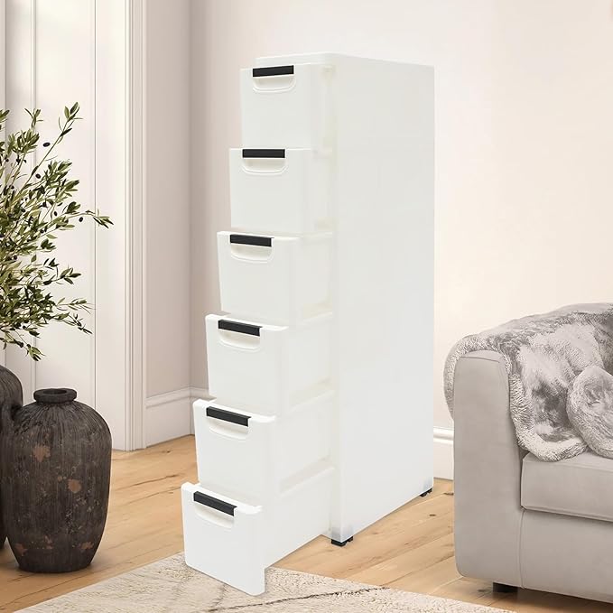 6 Drawers Narrow Storage Cabinet, Stackable Plastic Storage Tower Slim Utility Organizer for Kitchen Bathroom Living Room Office (White)