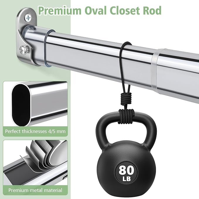 Premium Oval Closet Rod with End Supports- Chrome,No-cut 30"-54" | End Supports Includes