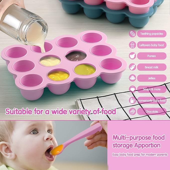 Silicone Freezer Tray with Lid, 12x1.5oz Baby Food Storage Container | Baby Food Freezer Tray, Easy Puree Meal Prep, BPA-Free Food Grade, Homemade Baby Food, Dishwasher Safe, Microwave Safe