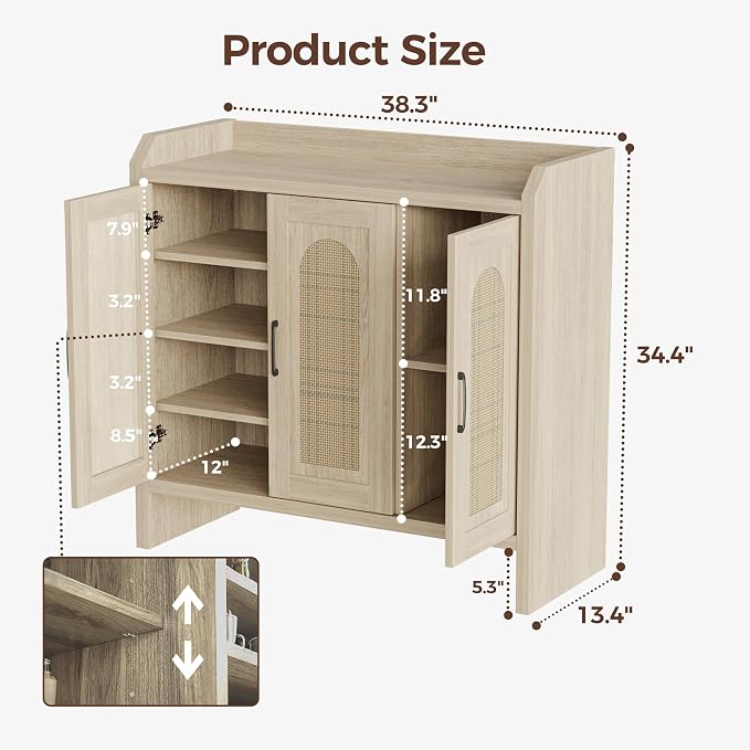 Mericonia Rattan Shoe Storage Cabinet, Farmhouse Shoe Cabinets Storage for Entryway, Boho Wooden Shoe Rack with 3 Doors for Entryway, Hallway (Oak, 3 Door)