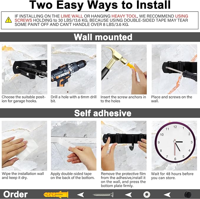 SUS304 5 Racks and 4 Hooks Mop and Broom Holder Wall Mount | Heavy Duty Self Adhesive Solid Non-slip Broom Organizer Storage Tool Racks for Home Kitchen Garden Laundry Garage