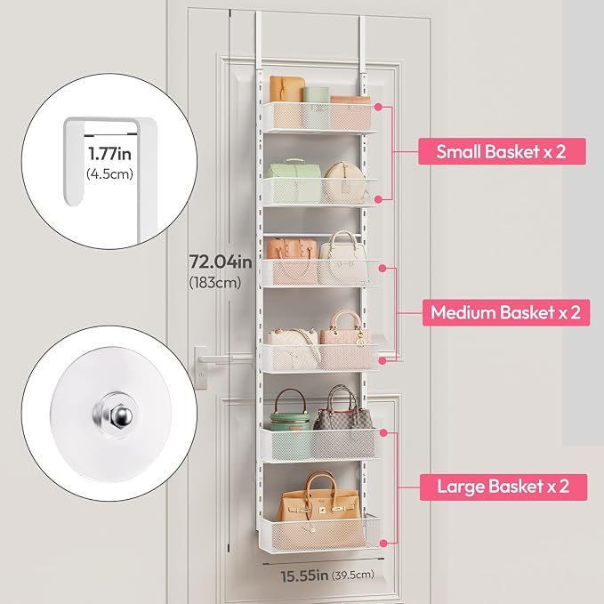 SWTYMIKI Over The Door Purse Organizer - Wall Mounted Purse Rack with 6 Adjustable Metal Basket, Hanging Bag Rack for Handbag Organizer, Bag Storage Can Use As 1/2 Part, for Door