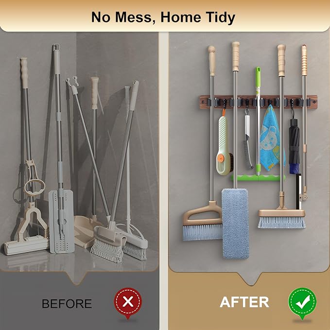 2 Pack Broom Holder Wall Mount With 5 Slots & 4 Hooks，Rustic Wood Broom & Mop Hanger，Wall Mounted Garden & Garage Tool Storage Organizer Rack for Closet Laundry Room or Kitchen Wall Decor White