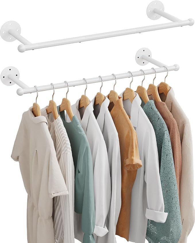 OROPY 33" Industrial Pipe Clothing Rack, Wall Mounted Clothes Rack 2 Pack | White, Closet Rods for Hanging Clothes, Multi-purpose Hanging Rod for Laundry Room, Bedroom and Closet Storage