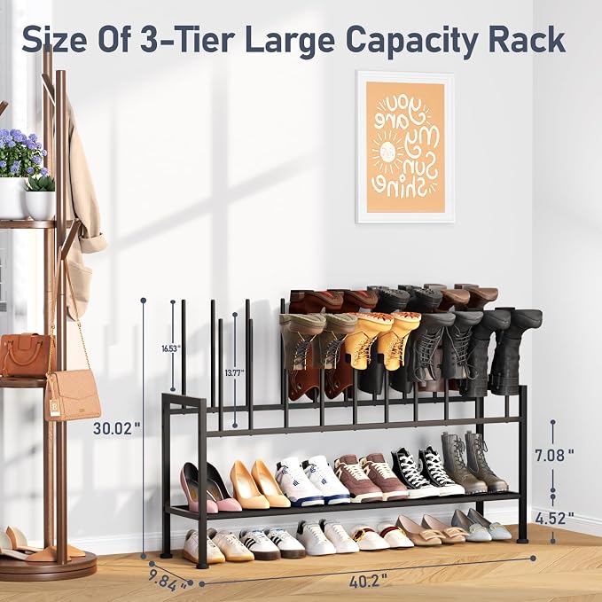 DIMJ Boot Rack 3-Tier - Black Metal Boot Storage Rack for Tall Boots Organizer Shoe Rack for Boots, Sneakers, High-Heel, Entryway, Fit for 10 Pairs, Black