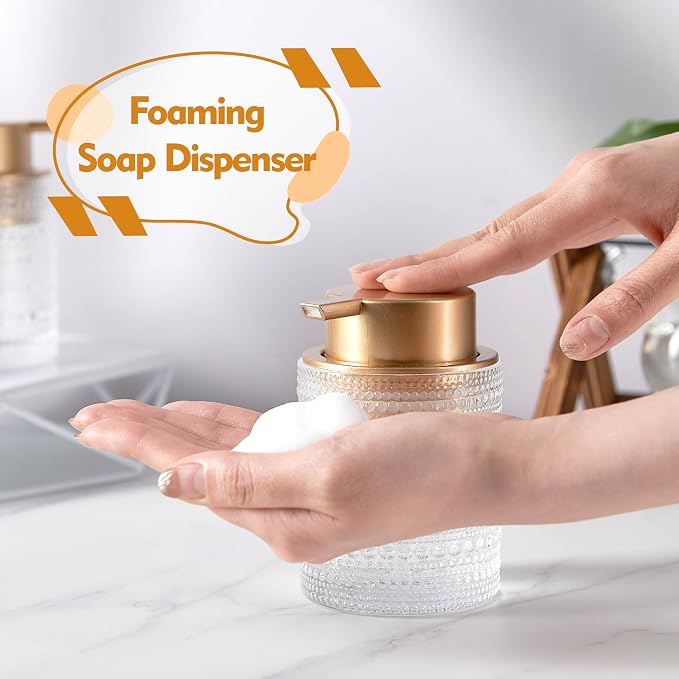12oz Glass Foaming Soap Dispenser with Gold Pump, Hand Soap Bottles | Clear refillable bottle for bathroom hand soap, liquid, lotion. Cute decorative glass container. Easy to refill and clean