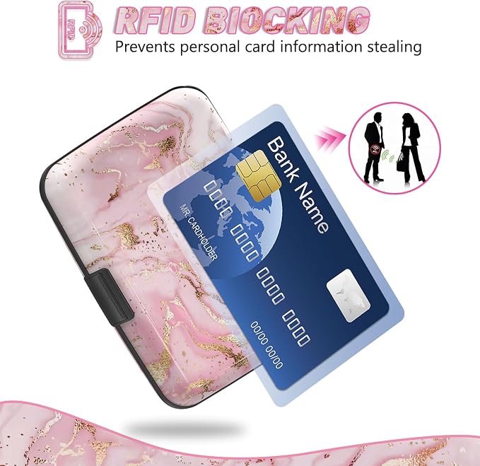 ToLuLu Credit Card Holder, Pink Marble Mini RFID Small Aluminum Card Wallet | Blocking Slim Metal Business Card Case, RFID Blocking Front Pocket Wallet Hard Case Durable CC Holder for Women Girl