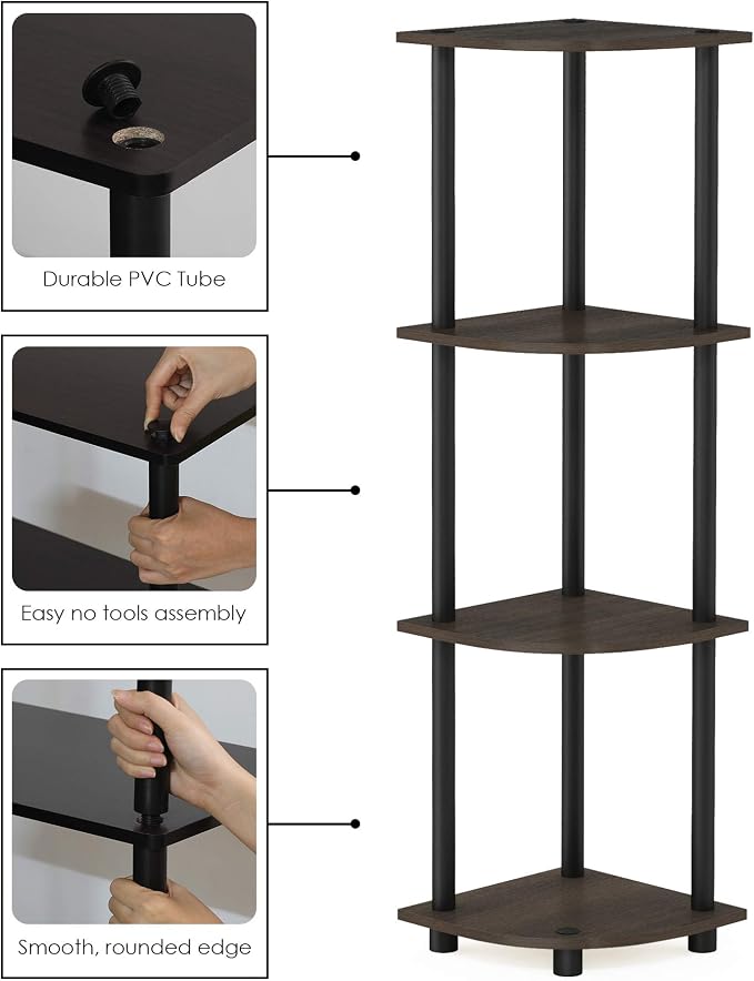 Furinno Turn-N-Tube Toolless Assembly 4-Tier Corner Shelf, Black Corner Book Shelf, Open Shelves Bookshelf, for Organization and Storage, Living Room, Home Office, Bedroom, Brown Grain