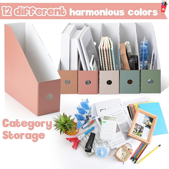 Colarr 12 Pcs Cardboard Magazine Holders 12 Colors Magazine Storage Box with Label Stickers Magazine File Organizer Folder Book Holder for Desk Desktop Document Organizer for School (Morandi Colors)