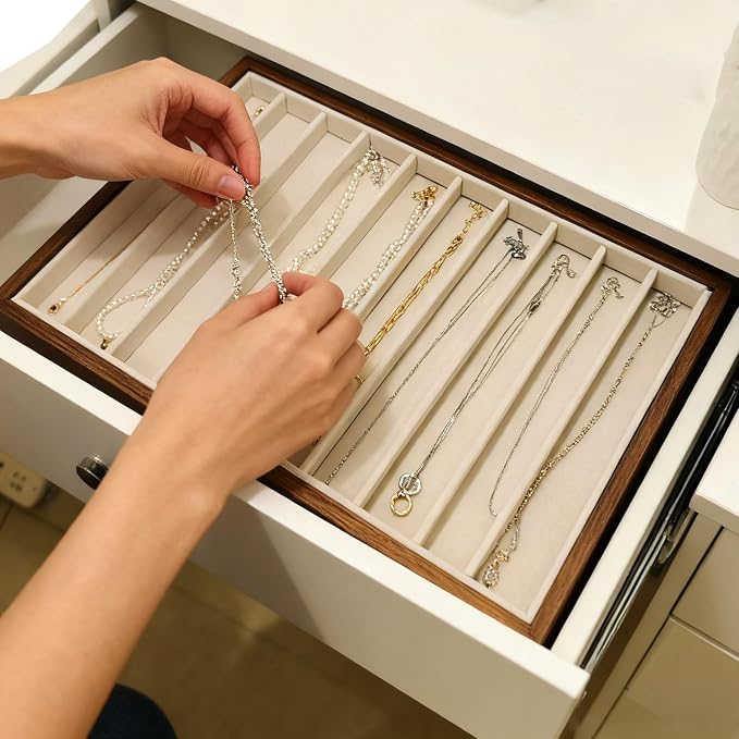 Large Jewelry Trays for Drawers Stackable Velvet Jewelry Display for Vendors Jewelry Drawer Organizer Inserts for Rings Necklace Bracelets Earrings and Studs Earrings (Beige, 10 Grid)