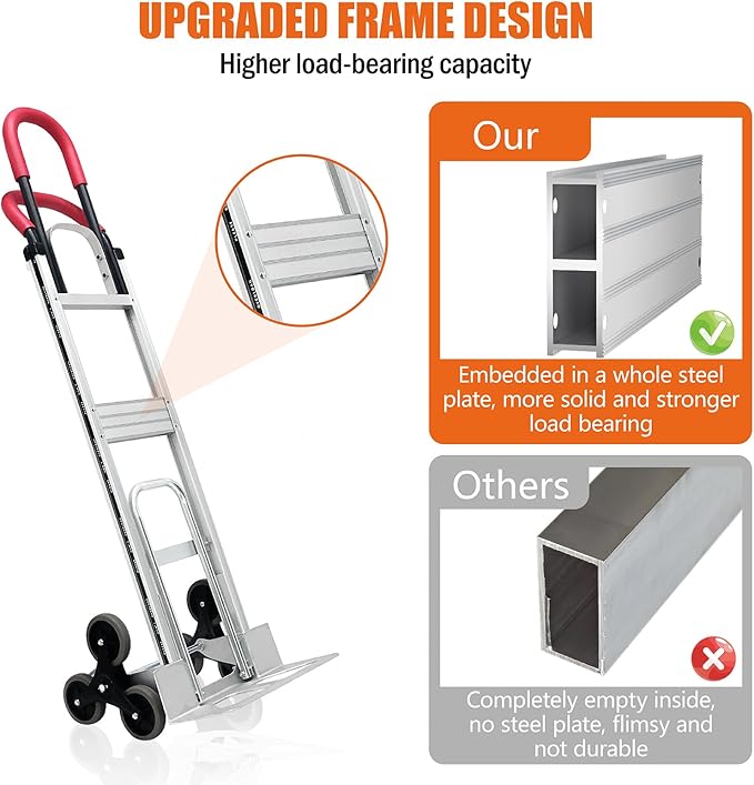 Aluminum Stair Climbing Cart, 600 lbs Capacity Stair Climber Hand Truck Dolly, 2 in 1 Heavy-Duty Trolley Cart with Dual Handles, 6 Wheels & 2 Elastic Ropes for Home Shopping Moving Warehouse