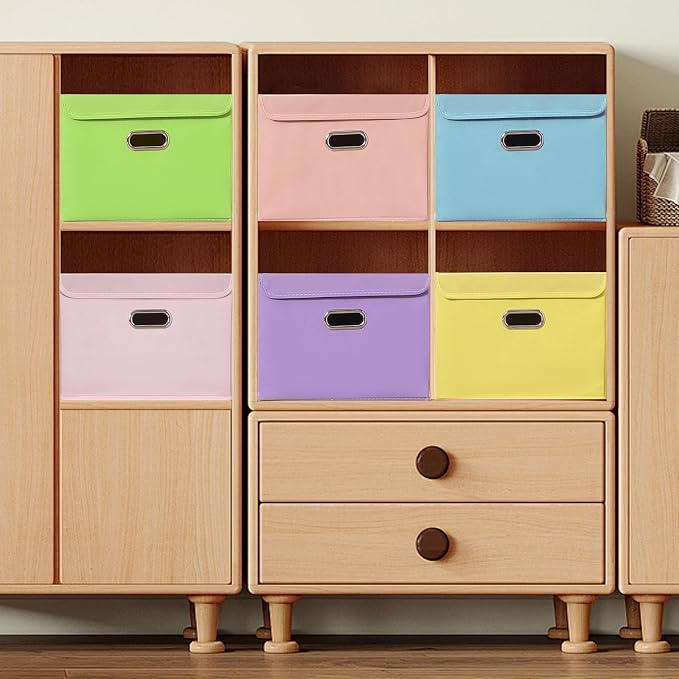 STOREONE Fabric Storage Cube Bins Foldable Organizer Container Collapsible Basket with Lids and Metal Handles, for Home, Bedroom, Closet 3 Pcs (multicolour-yellow)