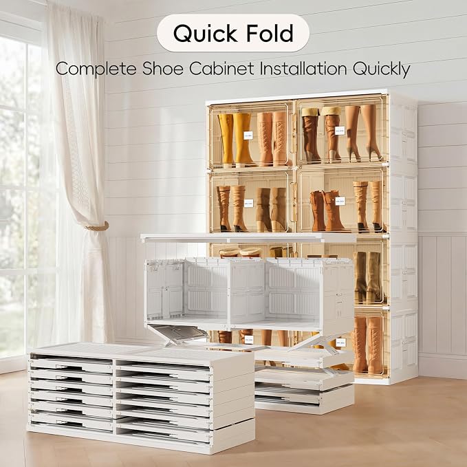 JEKO&JEKO Foldable Boot Storage Cabinet with Magnetic Doors,4-Tier Double-Column Tall Shoe Organizer for Closet & Entryway,Space Saving Shoe Rack for Boots,Fits Up to 16 Pairs, White