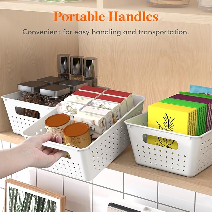 Lifewit Plastic Storage Basket for Organizing, 14 Pack Stackable Open Containers, Multi Size Storage Bins for Shelving, Pantry, Office and Cabinet, 10 Large and 4 Small Size, White