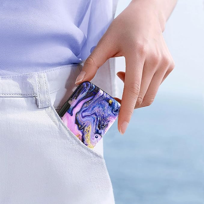 Credit Card Holder, Mini RFID Small Aluminum Card Wallet Business Card Case | Blocking Slim Metal RFID Blocking Front Pocket Wallet Hard Case CC Holder for Women Girl, Aesthetics Purple Marble