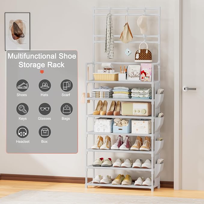 OYREL Shoe Rack 7 Tier Shoe Organizer Storage 21-28 Pairs | Closet Shoes Rack for Front Door Entrance Shoe Rack Organizer with Hooks Side Pocket Entryway Large Capacity Shoe Shelf Tower