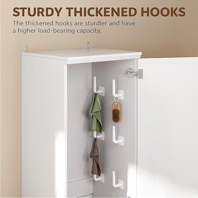 Broom Closet Storage Cabinet, 65" H Slim Utility Closet with Door and Shelf, Tall Vacuum Storage Cabinet with Hooks for Cleaning Tool, Broom Closet Organizer for Bathroom, Garage, White