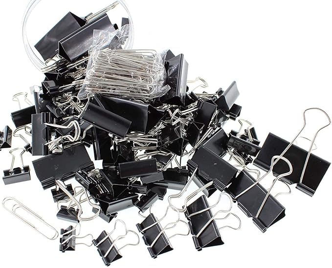 Assorted Sizes Binder Clips，Paper Clamps,Black Metal Fold Back Clips for Office School Supplies,Large, Medium,Small Size Metal Clips,Big Size Paper Holder,Elastic Rubber Band (190 PCS Black)