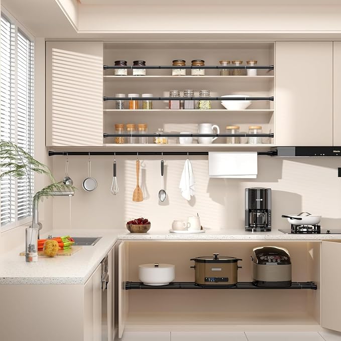 Spring Tension Rod 40-73 Inches No Drilling Adjustable Black Spring Loaded Curtain Rod Expandable Extra Long Tension Curtain Rod for Windows,Kitchen,Doorway