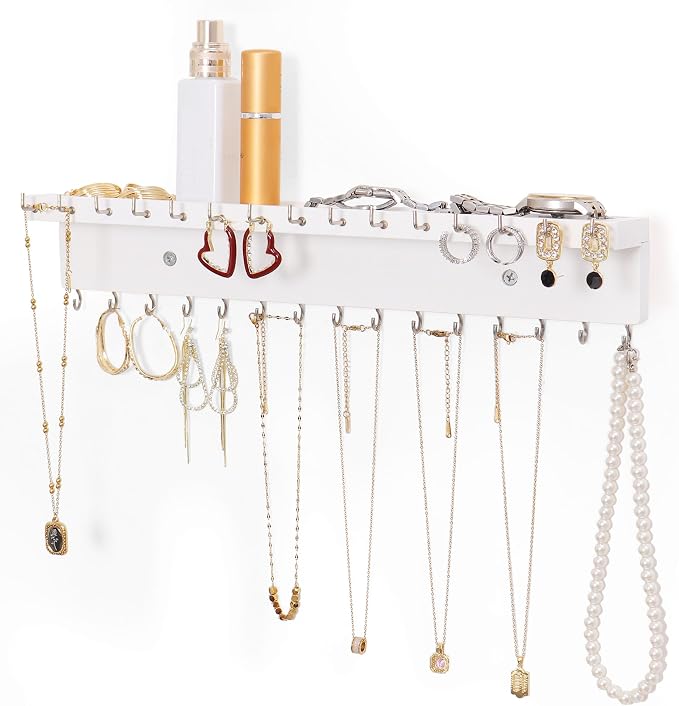 Necklace Holder Organizer Wall Mount,Jewelry Holder Organizer with 30 Hooks,Oak Jewelry Organizer and Storage for Necklaces,Bracelets and Rings (White)