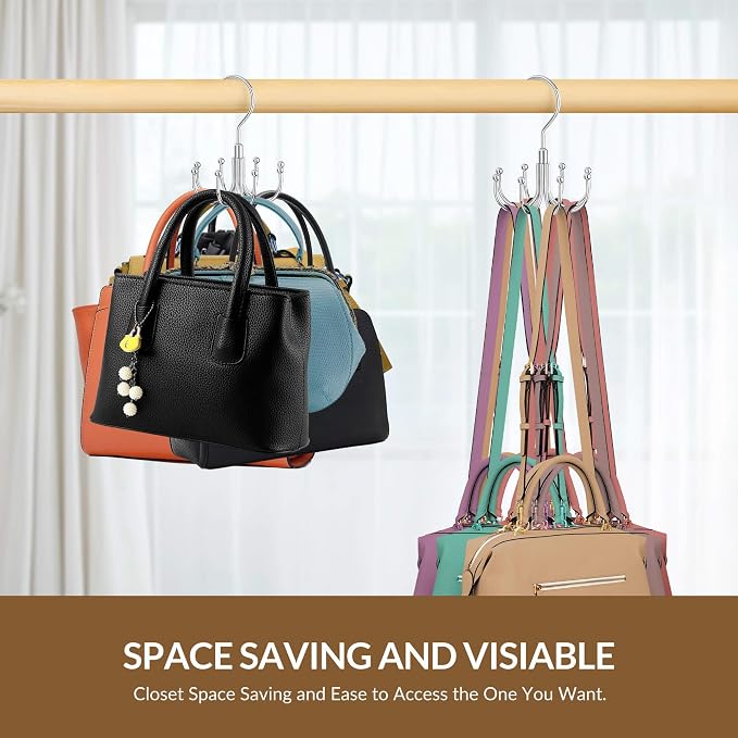 ZEDODIER Purse Hanger Organizer for Closet, Rotatable Sturdy Purses Holder Holds 8 Bags, Metal Space Saving Closet Organizers and Storage, Silver