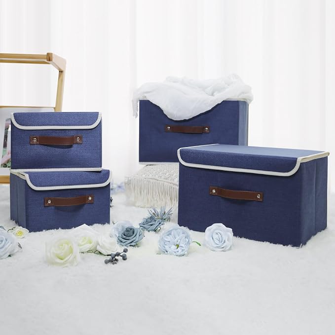 ANMINY 2PCS Storage Bin with Lid Storage Boxes with PU Leather Handles PP Plastic Board Decorative Foldable Lidded Cotton Linen Fabric Home Cubes Baskets Closet Organizer Container - Blue, Medium