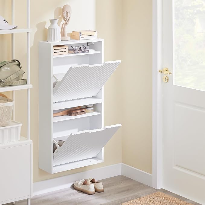 SoBuy Wall Mounted Slim Shoe Cabinet for Entryway, Narrow Shoe Rack Cabinet with 2 Flip Drawers, FSR204 (White)