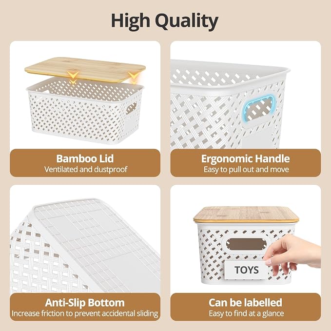 Plastic Storage Bins with Bamboo Lids, Stackable Small Box Baskets for Organizing and Containers for Shelves Drawers Desktop Closet Pantry Classroom Office Home, 6 Pack 10.2x7.2x4.1 Inch, White