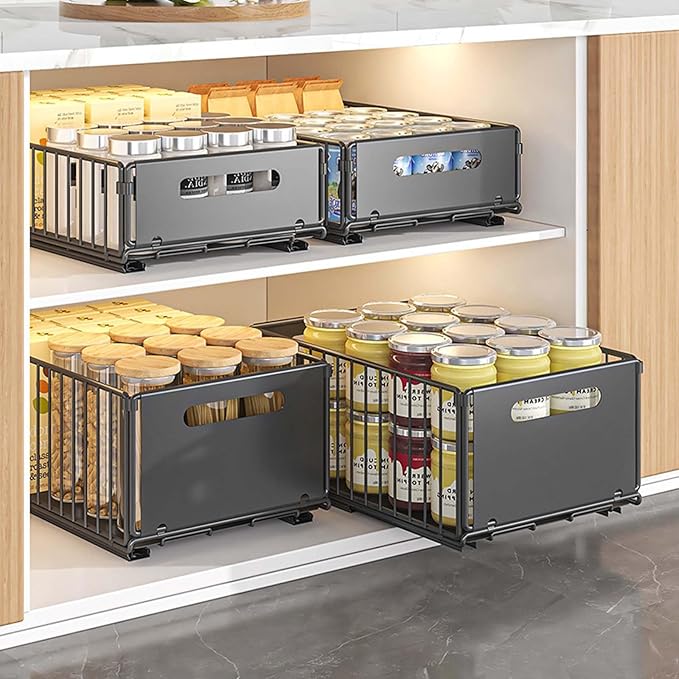 Sliding Pull-Out Cabinet Organizer 9.6"x14.8"x7.5" Black Heavy Duty Carbon Steel Drawer with Adhesive Rails, No Drill Storage Solution for Pantry/Closet