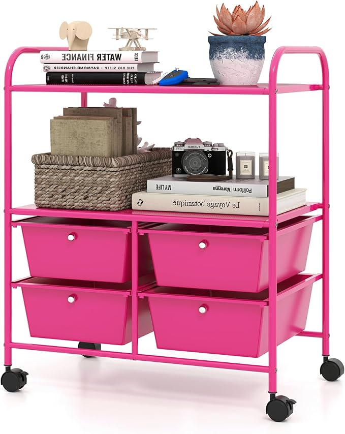 Moccha Rolling Storage Cart with 4 Drawers - Storage Drawers Organizer with wheels for Craft Art Supply Paper Salon, Scrapbook Paper Tools, Movable Utility Cart for Classroom School Studio, Hot Pink